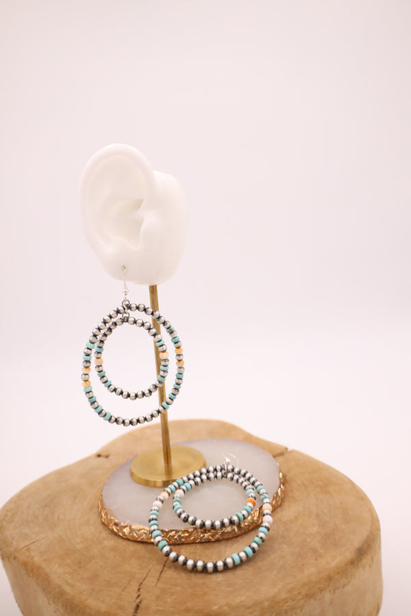 DOUBLE LOOP NAVAJO PEARL, SPINY OYSTER AND TURQUOISE BEADS EARRING
