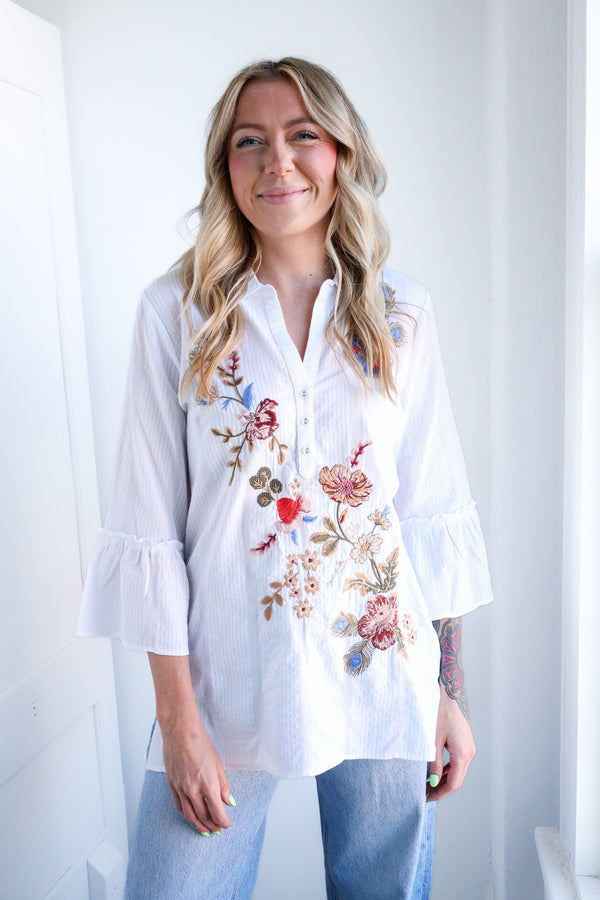 Woman wearing a white blouse with floral embroidery against a white background