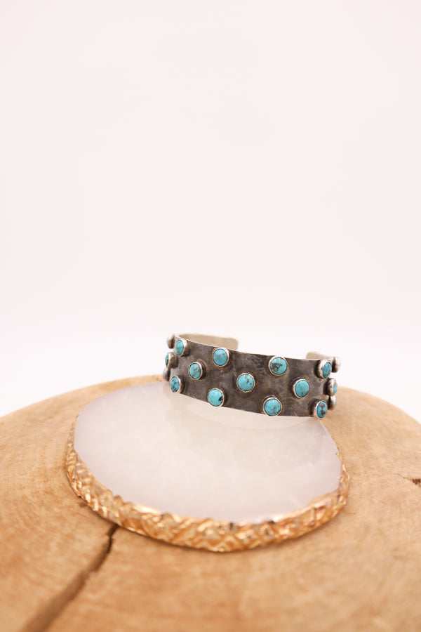 Sterling silver hammered cuff with 26 turquoise dots all over