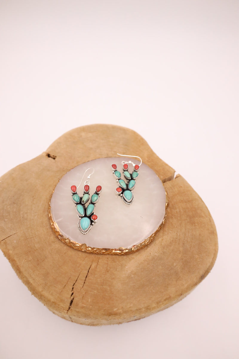 TURQUOISE AND RED CORAL CACTUS HOOK EARRING 