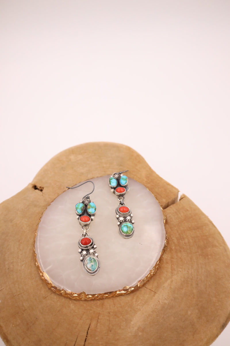 TURQUOISE AND RED CORAL DANGLE EARRING 