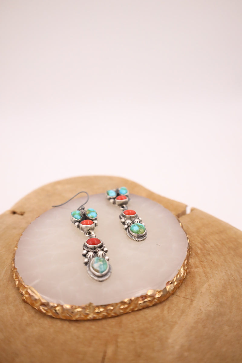 TURQUOISE AND RED CORAL DANGLE EARRING