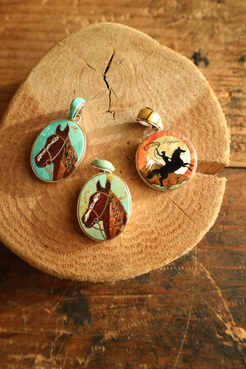 Blue Turquoise Horse Head Inlay Pendant