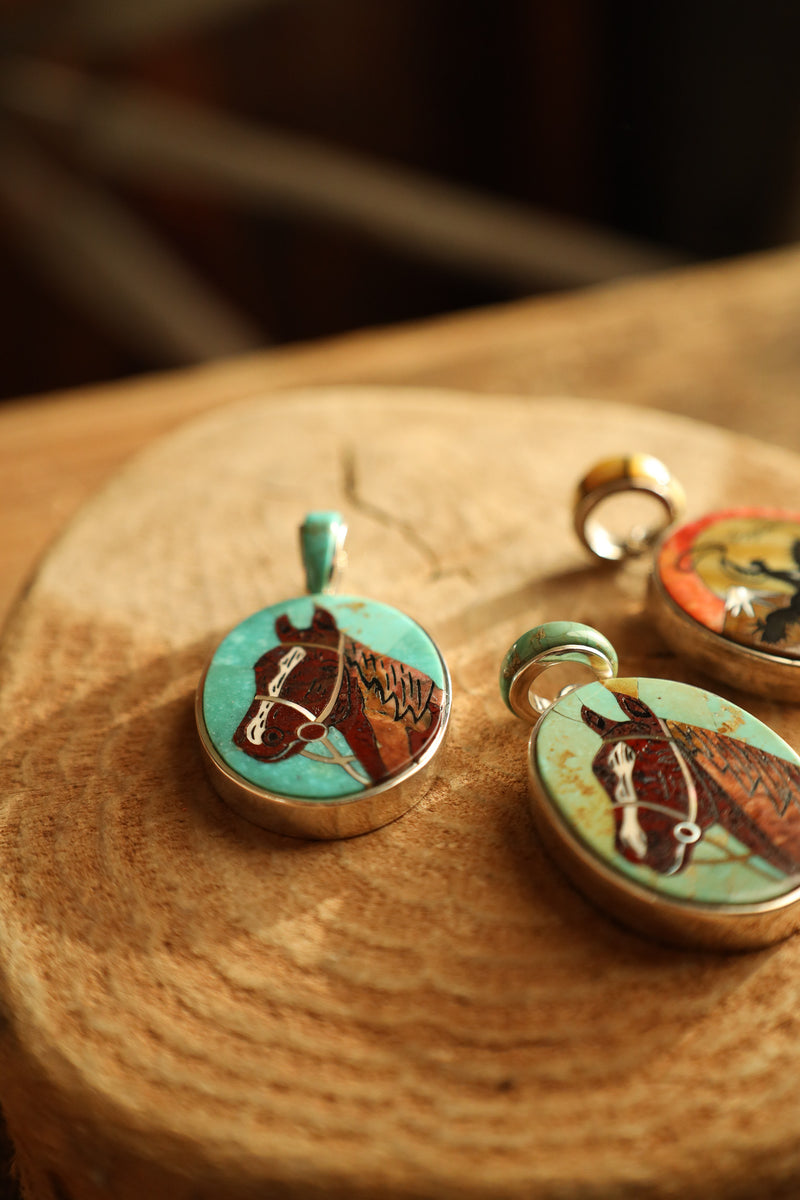 Blue Turquoise Horse Head Inlay Pendant