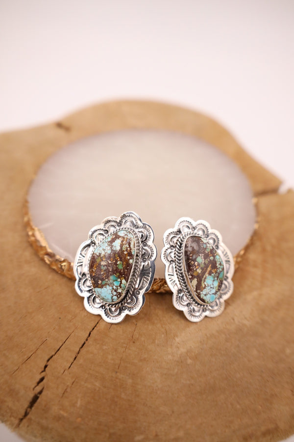 TURQUOISE AND BROWN SCALLOP FRAME POST EARRING 