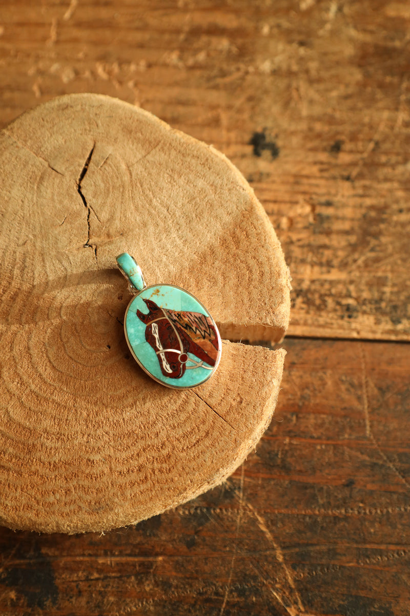 Blue Turquoise Horse Head Inlay Pendant