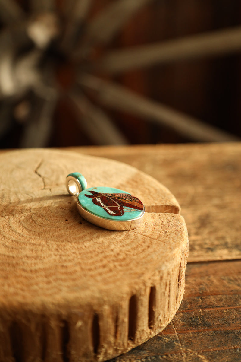 Blue Turquoise Horse Head Inlay Pendant