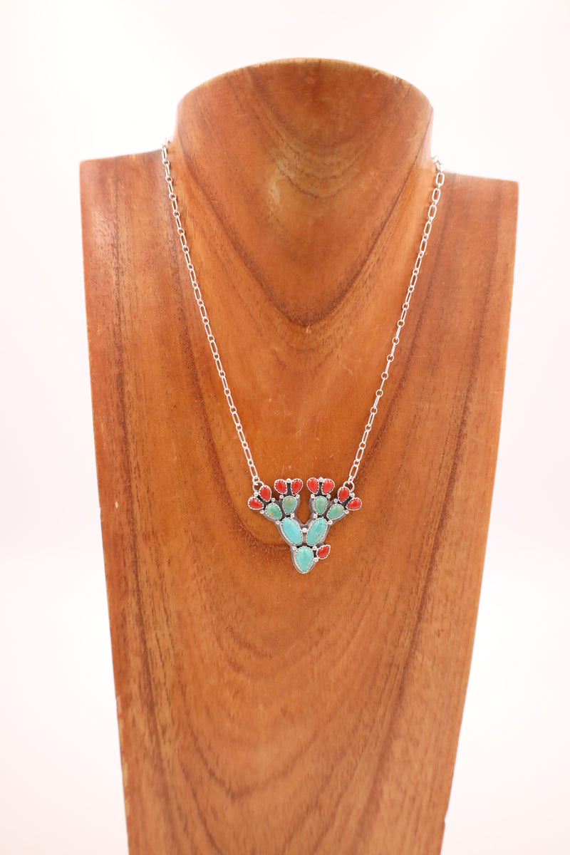 TURQUOISE RED CORAL CACTUS ON CHAIN NECKLACE