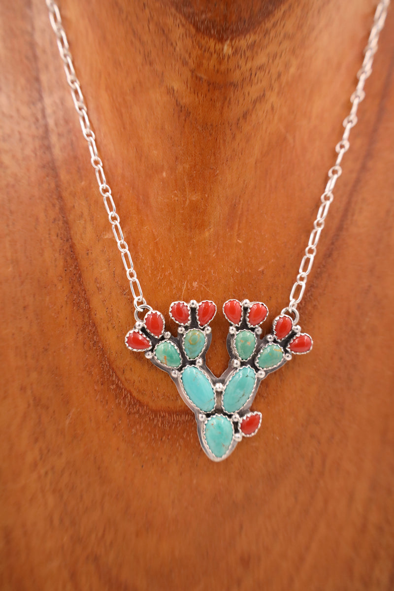 TURQUOISE RED CORAL CACTUS ON CHAIN NECKLACE