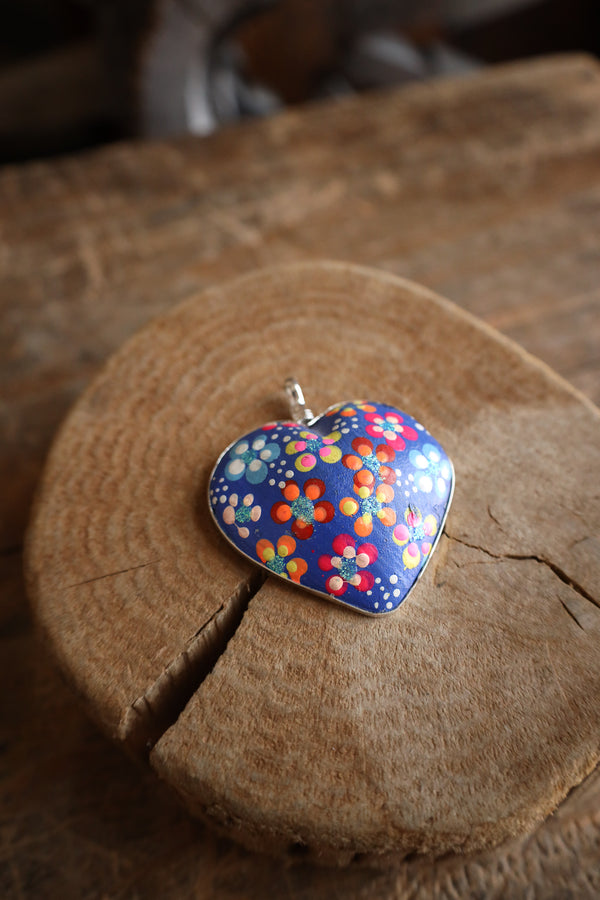 Coreen Cordova Blue Heart With Flowers Pendant 