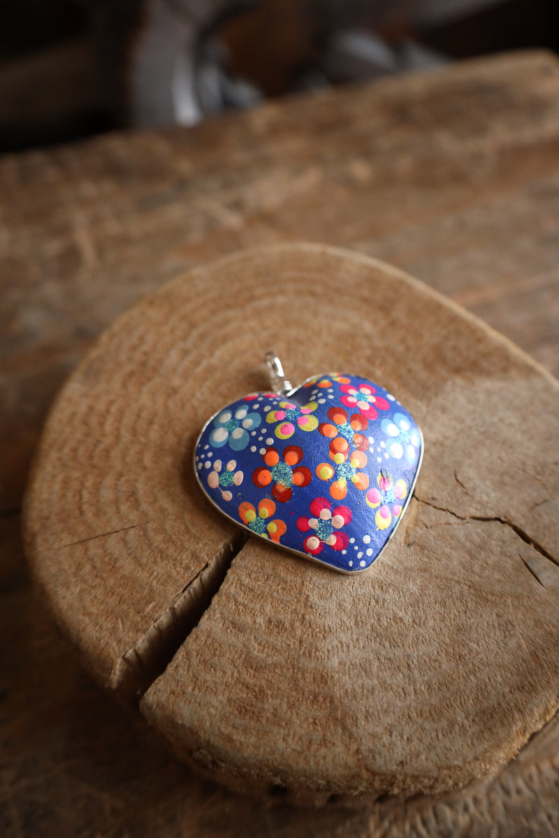 Coreen Cordova Blue Heart With Flowers Pendant 