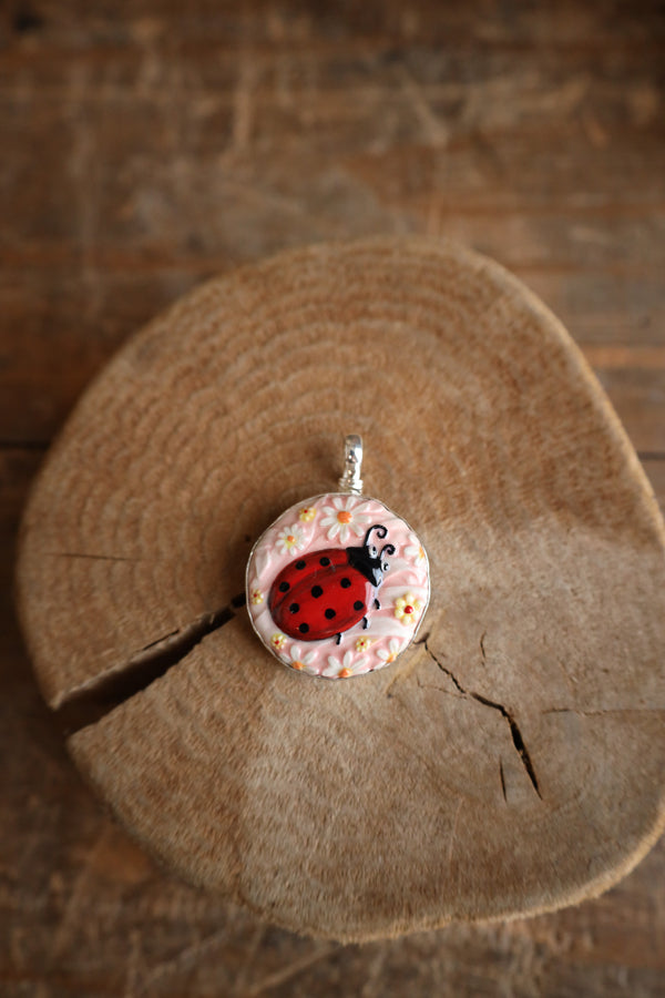 Coreen Cordova Ladybug With Flowers Pendant 