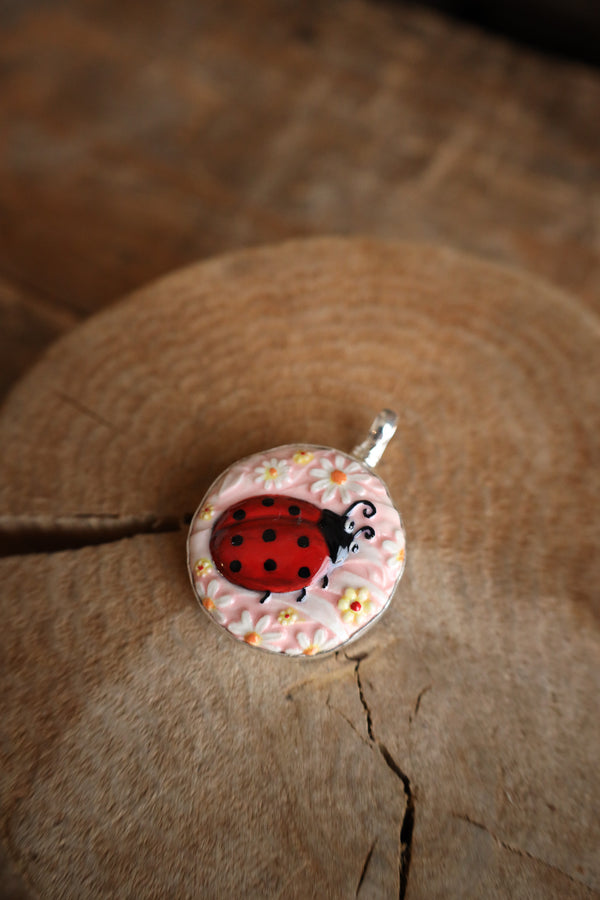 Coreen Cordova Ladybug With Flowers Pendant 