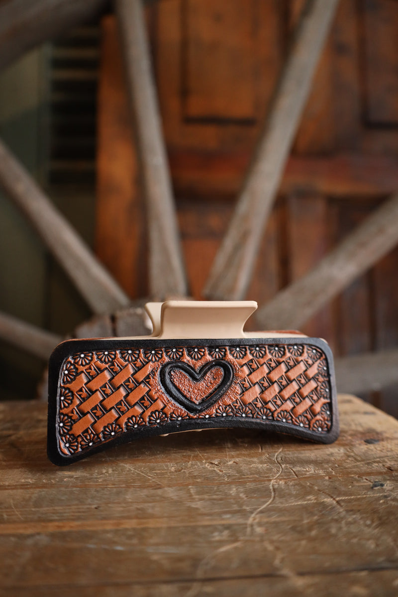 Tooled leather claw clip