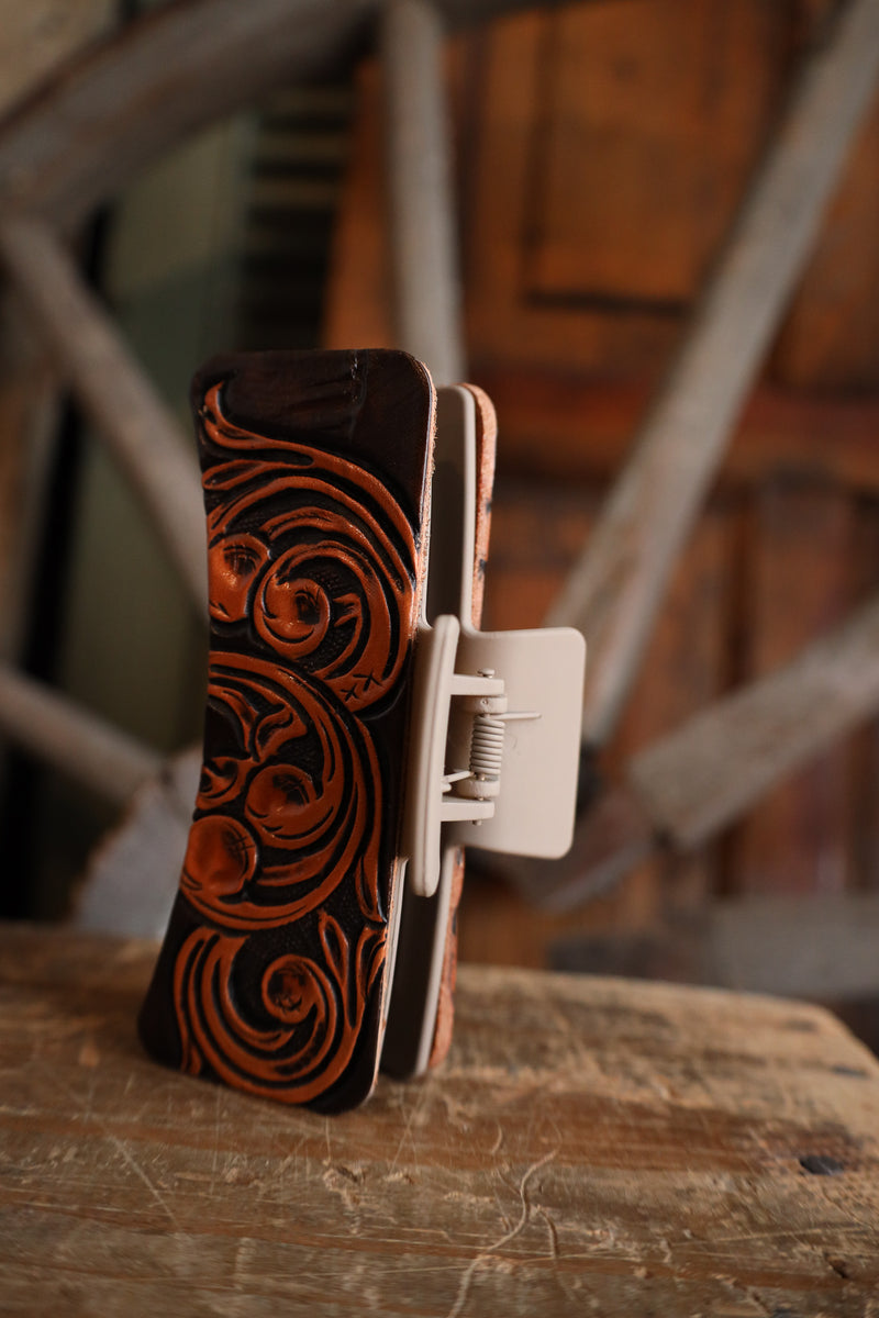 JRW Leather Scrolls Claw Clip 