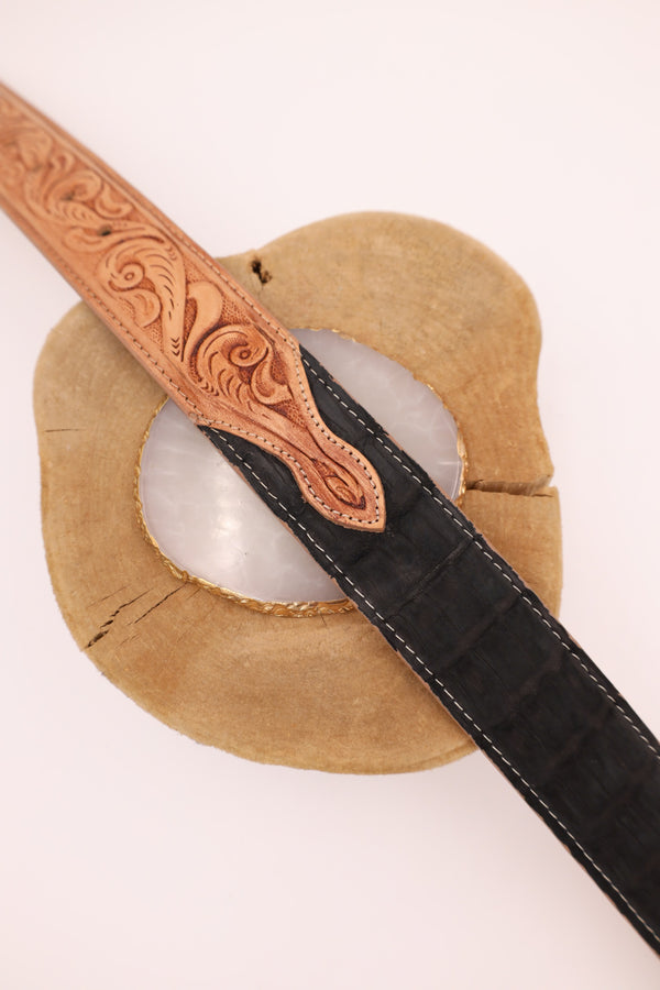 Black caiman belt with tooled leather on the front  in a floral pattern
