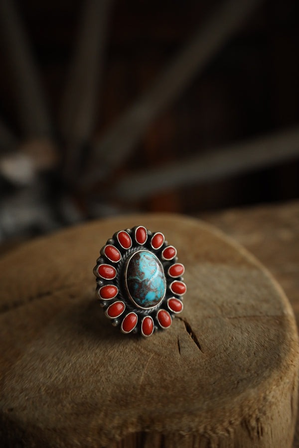 L & V Native Designs Bisbee Turquoise Coral Cluster Ring- Adjustable 