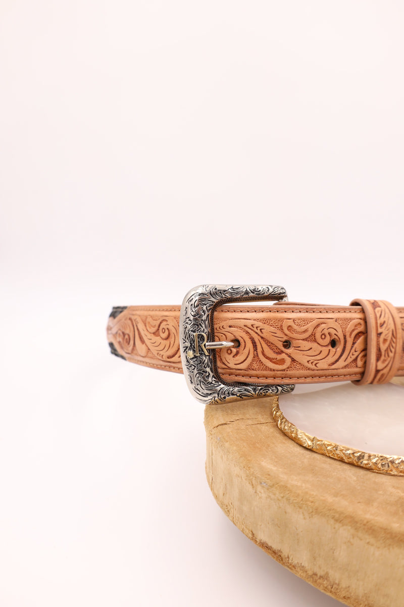 Black caiman belt with tooled leather on the front in a floral pattern