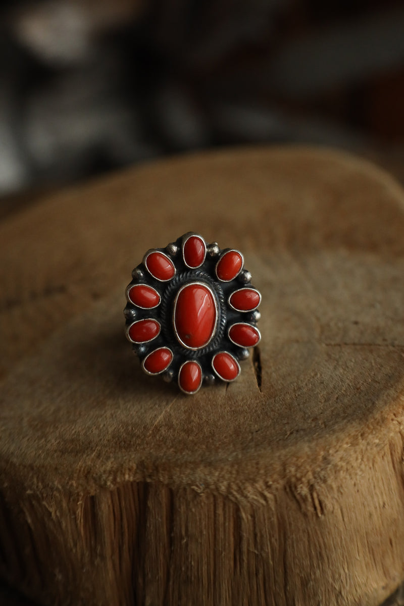 Ring with red stones on a wooden surface