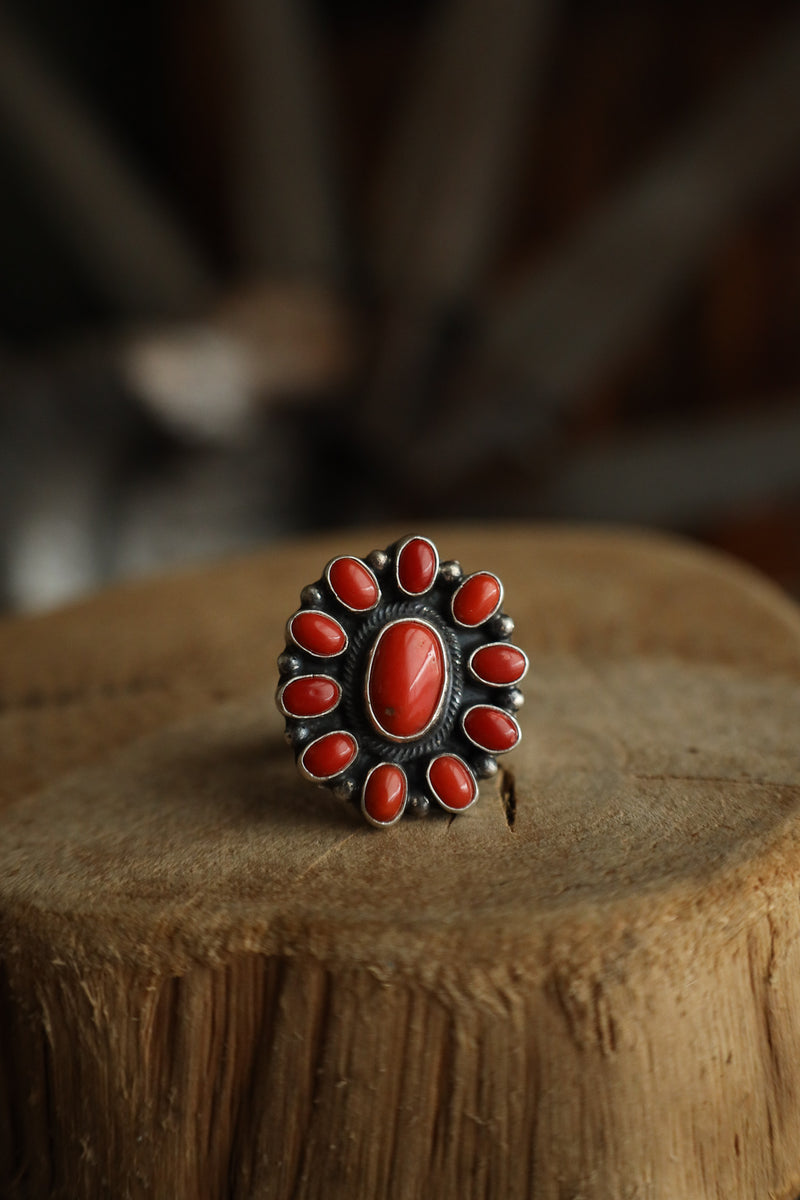 Ring with red stones on a wooden surface