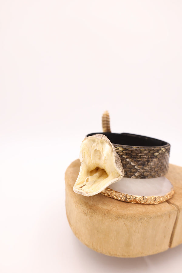 Rattle snake hatband with rattle, snake head and snakeskin all over the band