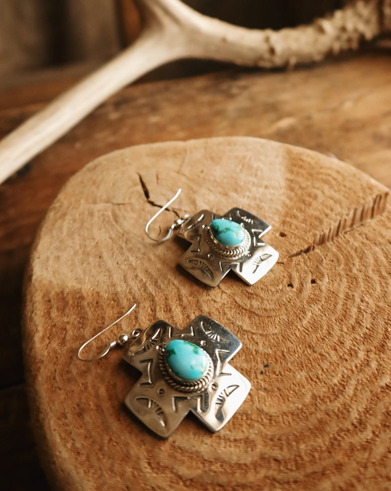 STERLING SILVER CROSS WITH TURQUOISE PEAR EARRING