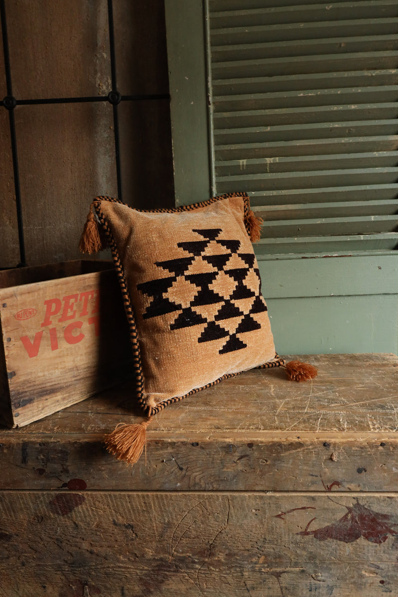 Square pillow with chocolate Aztec print on tan background pillow with tassels on corners