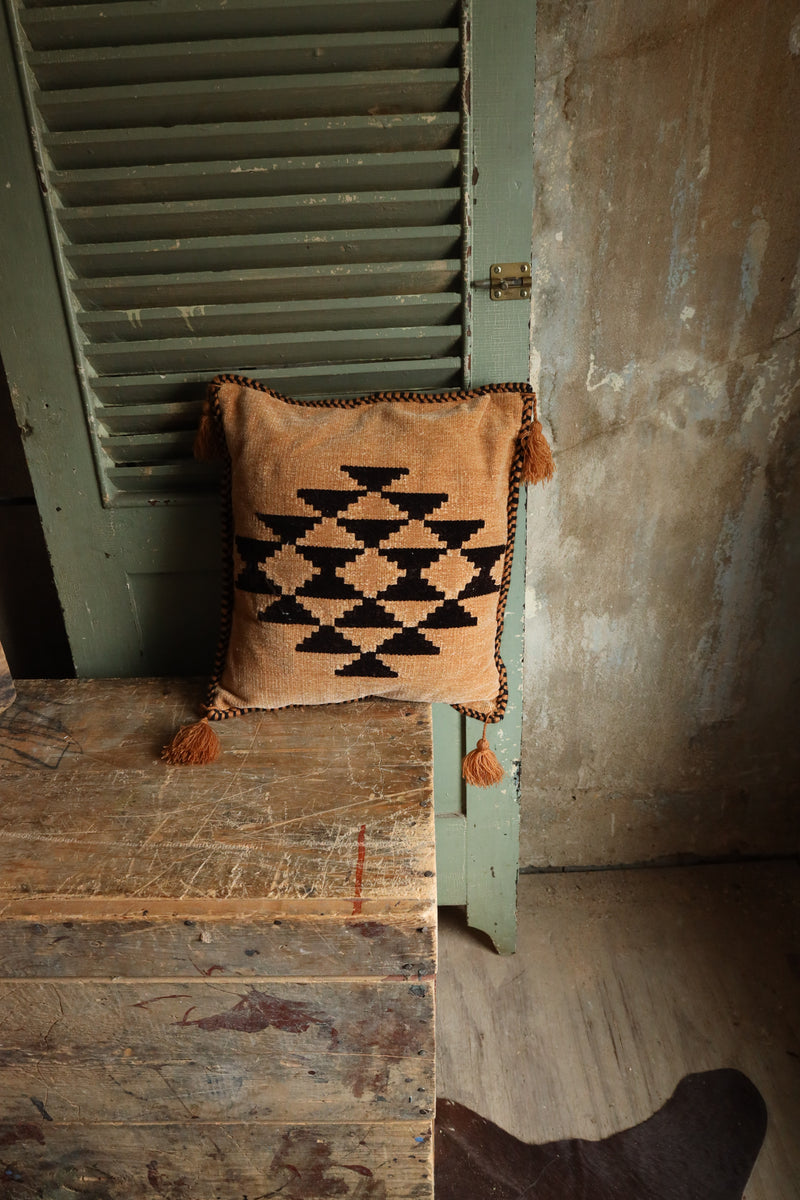 Square pillow with chocolate Aztec print on tan background pillow with tassels on corners