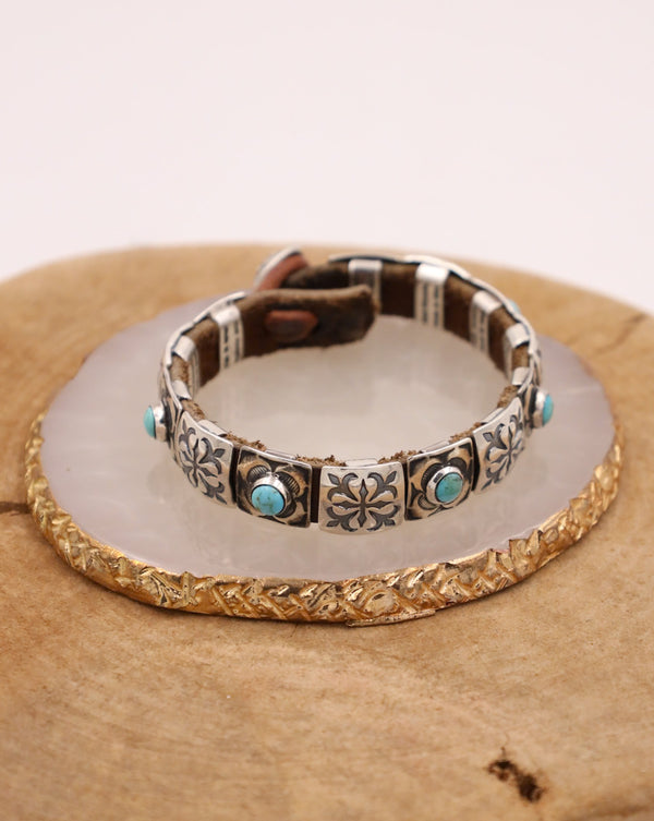 PEYOTE BIRD ZION BLUE TURQUOISE STERLING SILVER BROWN LEATHER BRACELET.