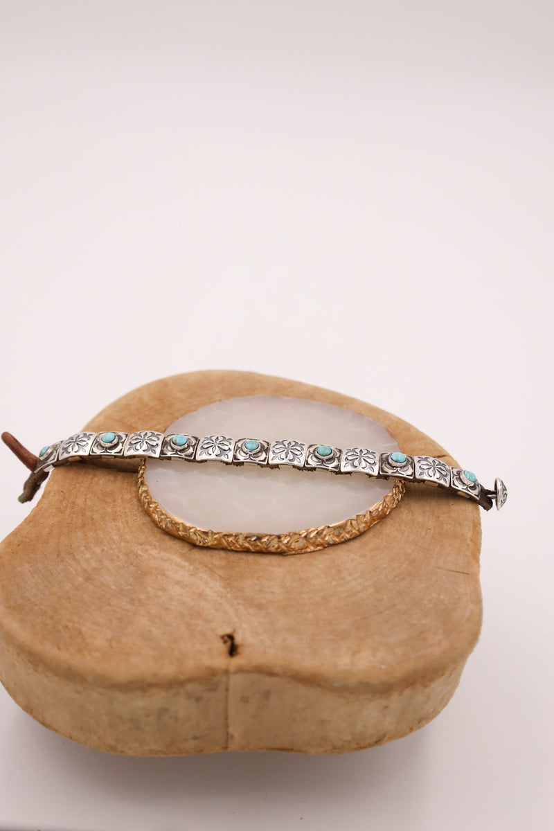 PEYOTE BIRD ZION BLUE TURQUOISE STERLING SILVER BROWN LEATHER BRACELET