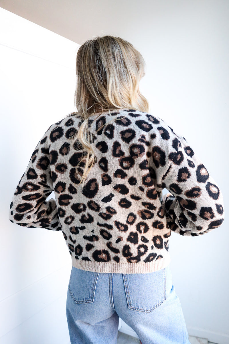 Person wearing a leopard print sweater and light blue jeans against a white background