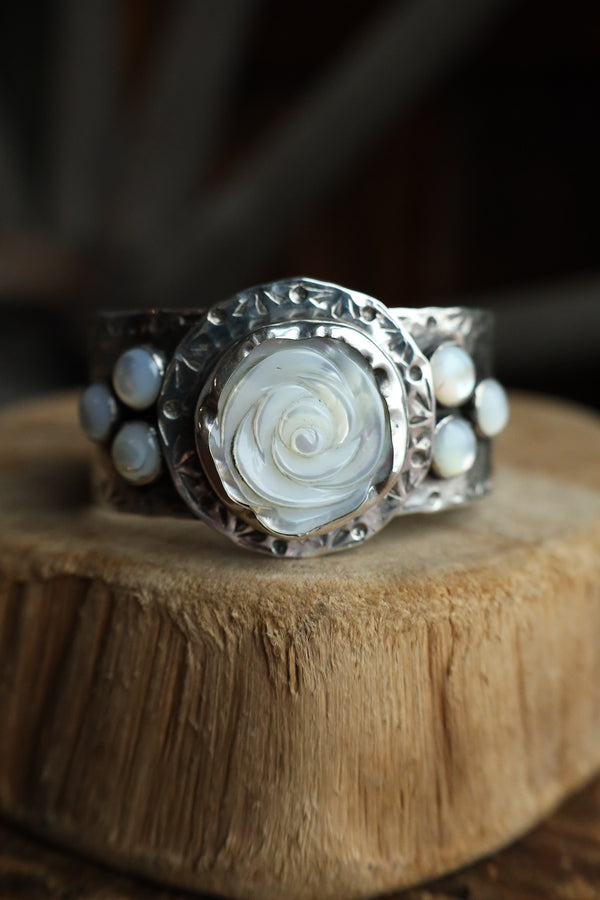 Richard Schmidt Carved Mother of Perl Rose 6 Moonstone 1" Cuff