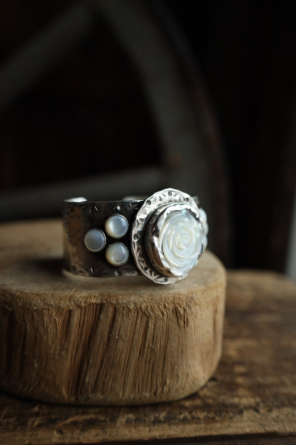 Richard Schmidt Carved Mother of Perl Rose 6 Moonstone 1" Cuff