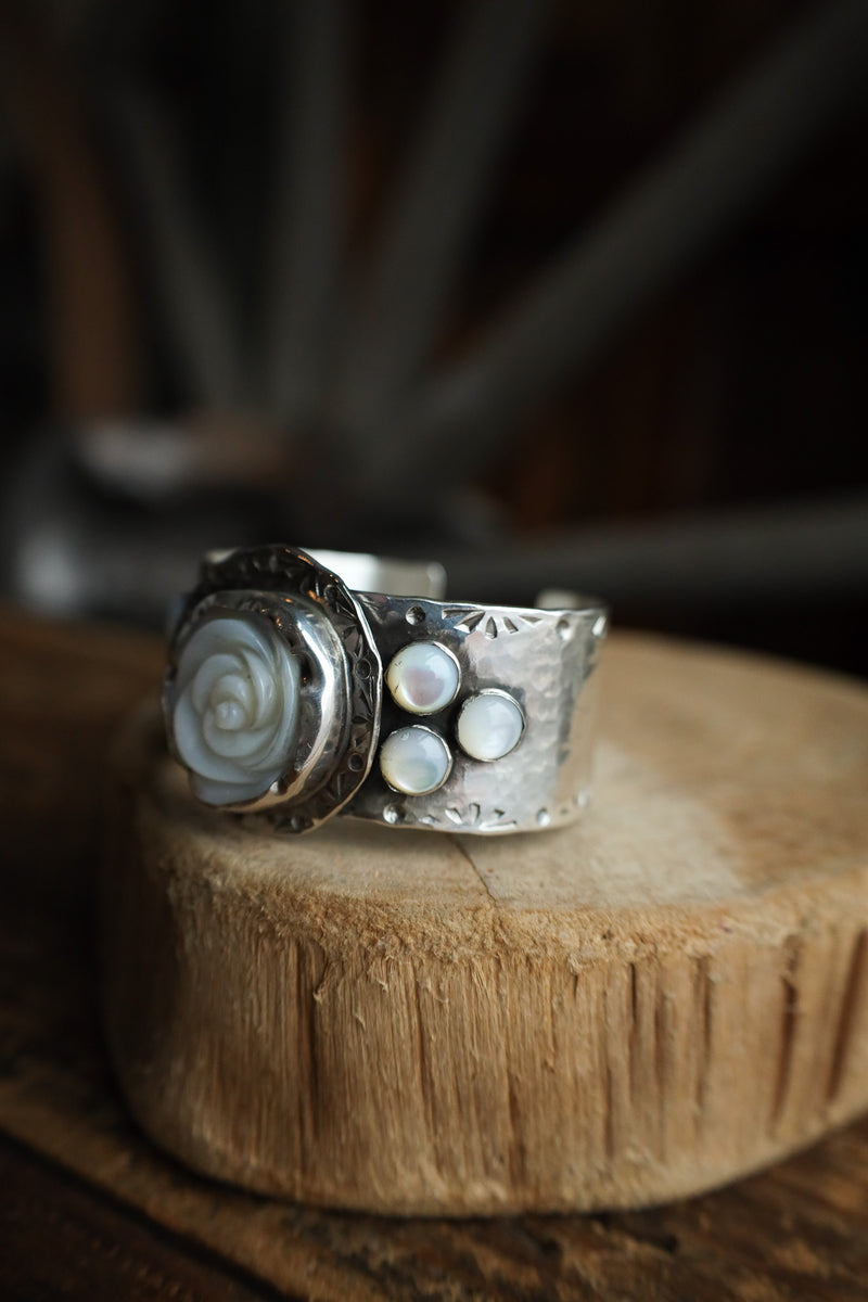 Richard Schmidt Carved Mother of Perl Rose 6 Moonstone 1" Cuff