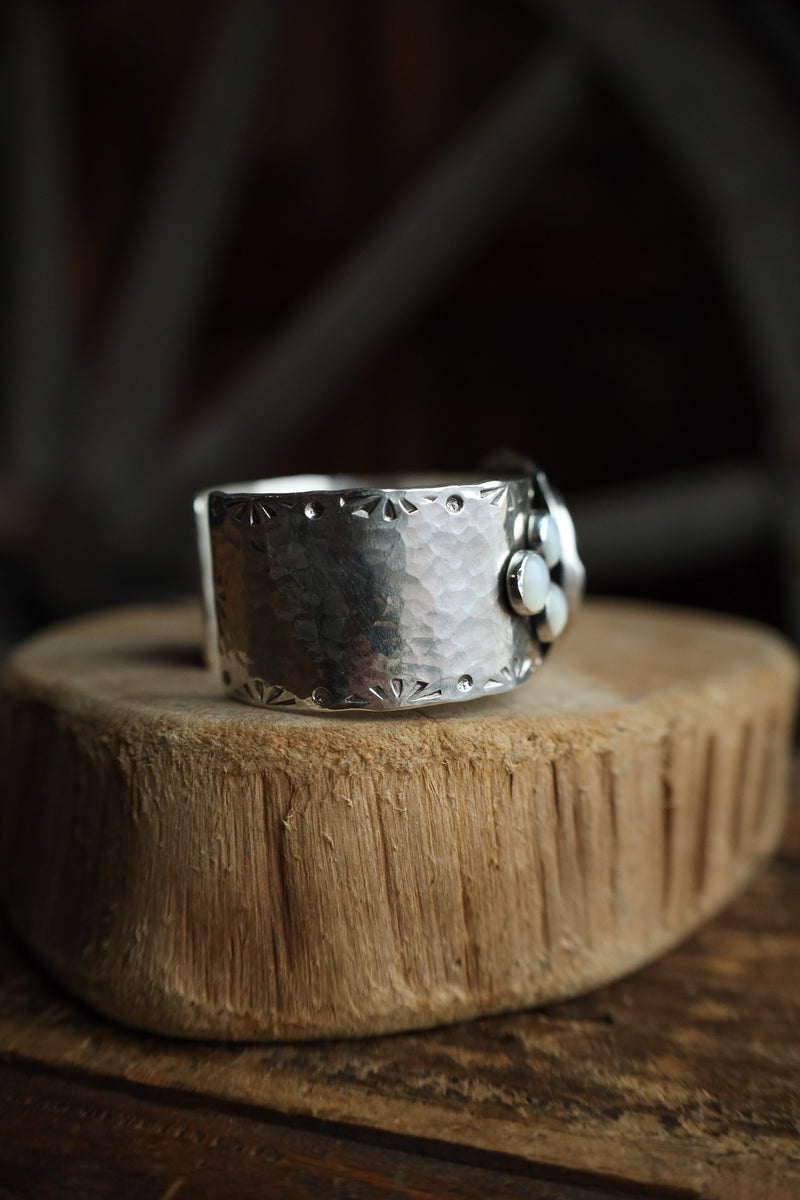 Richard Schmidt Carved Mother of Perl Rose 6 Moonstone 1" Cuff