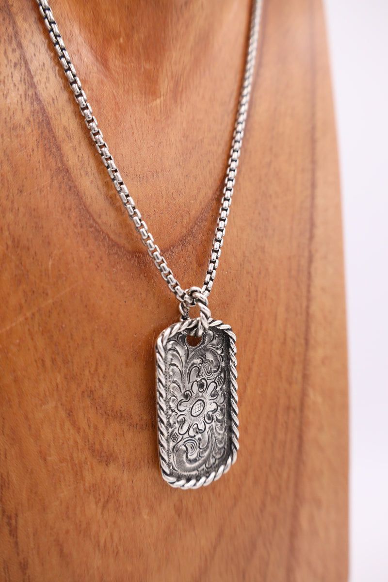 Sterling silver dog tag with floral western stamped pattern with box chain