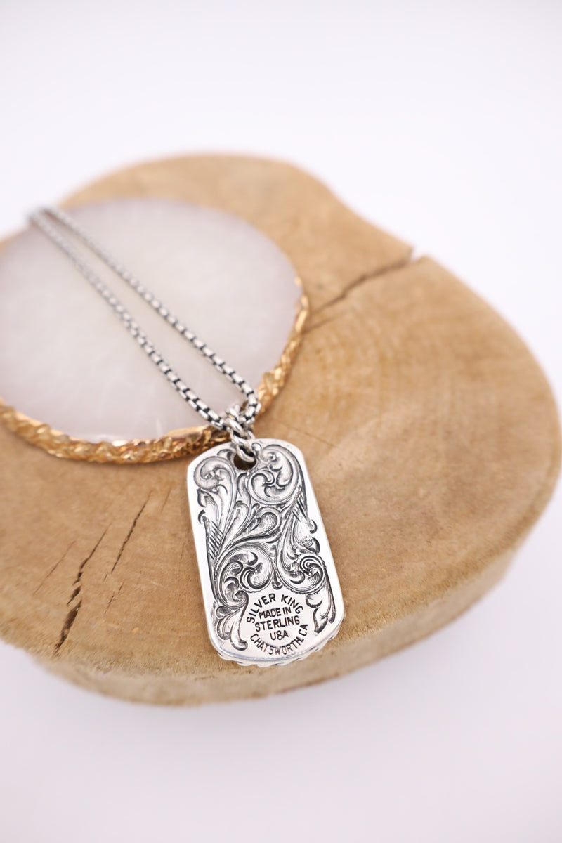 Sterling silver dog tag with floral western stamped pattern with box chain