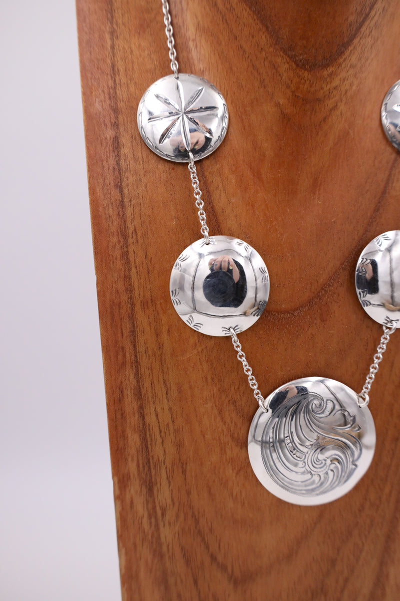 Sterling silver concho necklace with western swirl, plain concho and star concho necklace