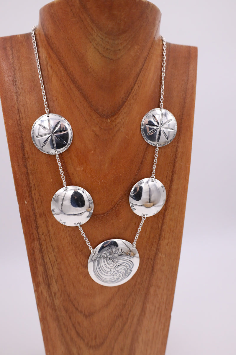 Sterling silver concho necklace with western swirl, plain concho and star concho necklace