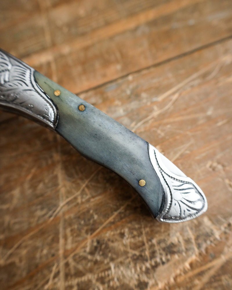 Decorative knife handle with silver blade on a wooden surface