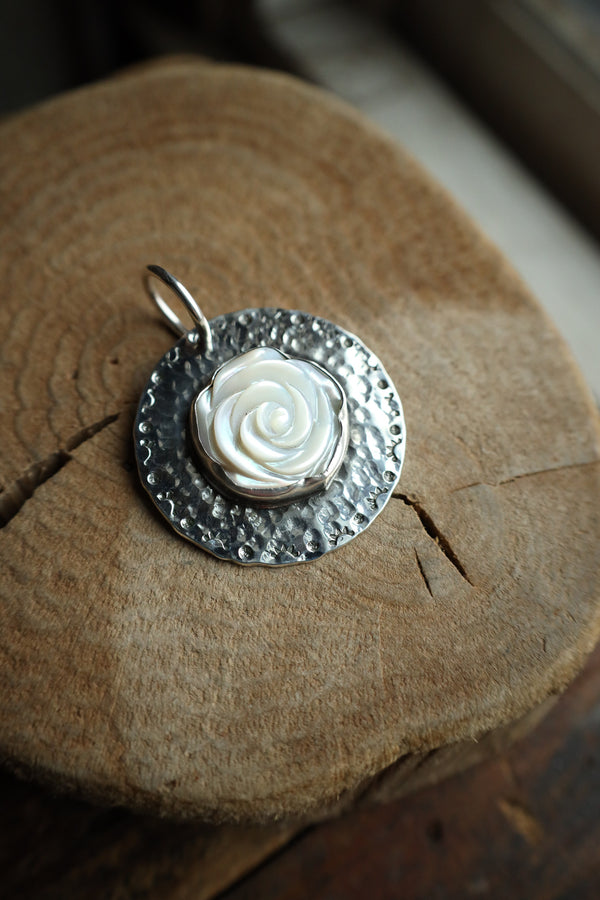 Richard Schmidt Mother Of Pearl Rose Hammered Base Pendant