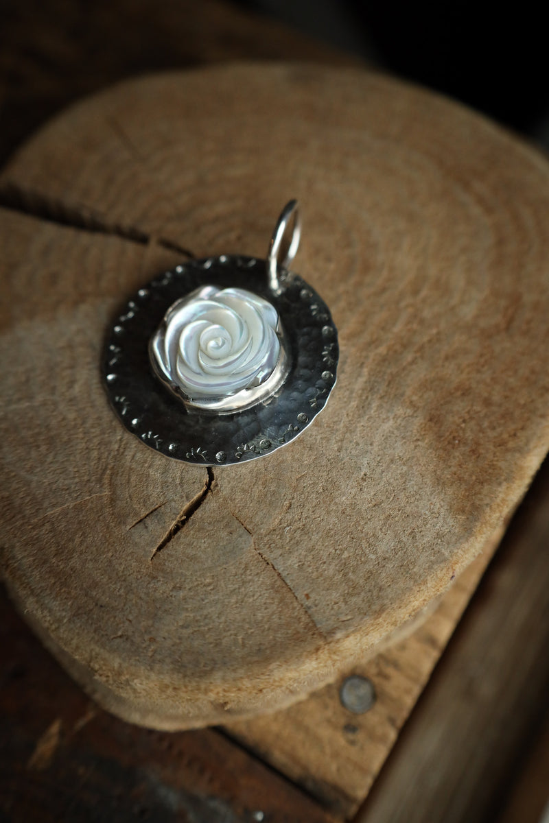 Richard Schmidt Mother Of Pearl Rose Hammered Base Pendant