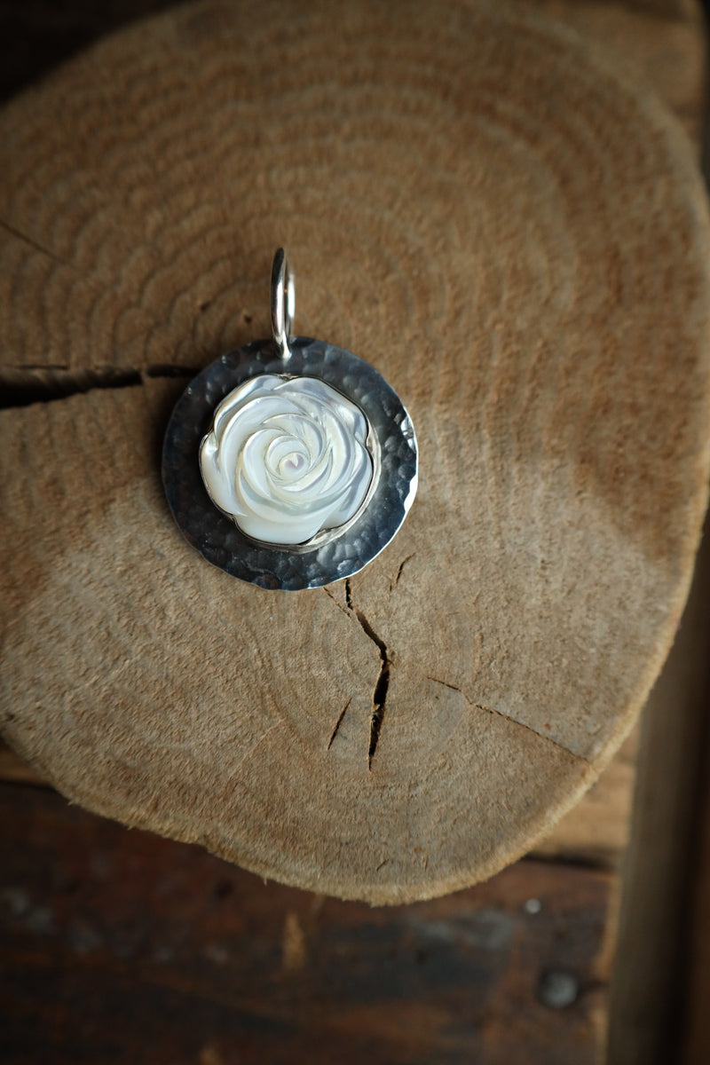 Richard Schmidt Mother Of Pearl Rose Hammered Base Pendant