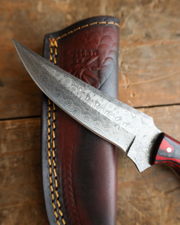 Decorative knife with a detailed blade in a brown leather sheath on a wooden surface