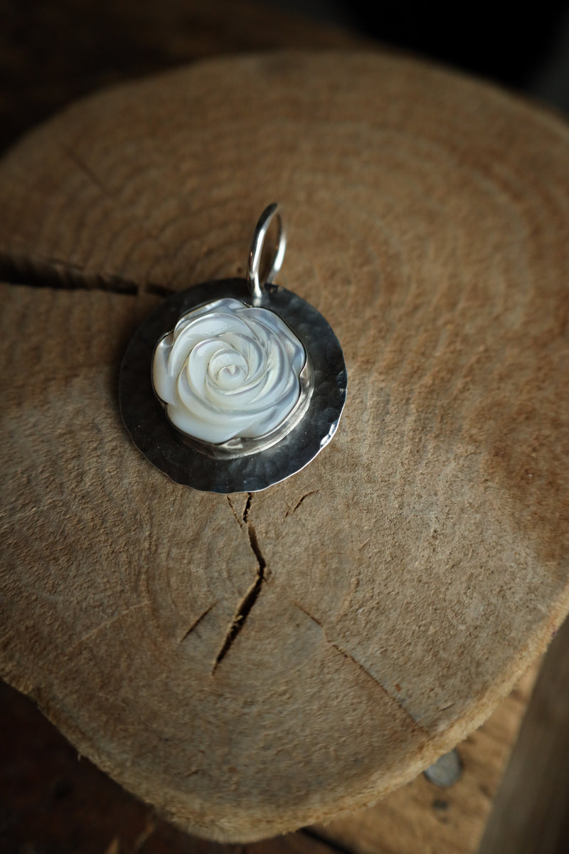 Richard Schmidt Mother Of Pearl Rose Hammered Base Pendant