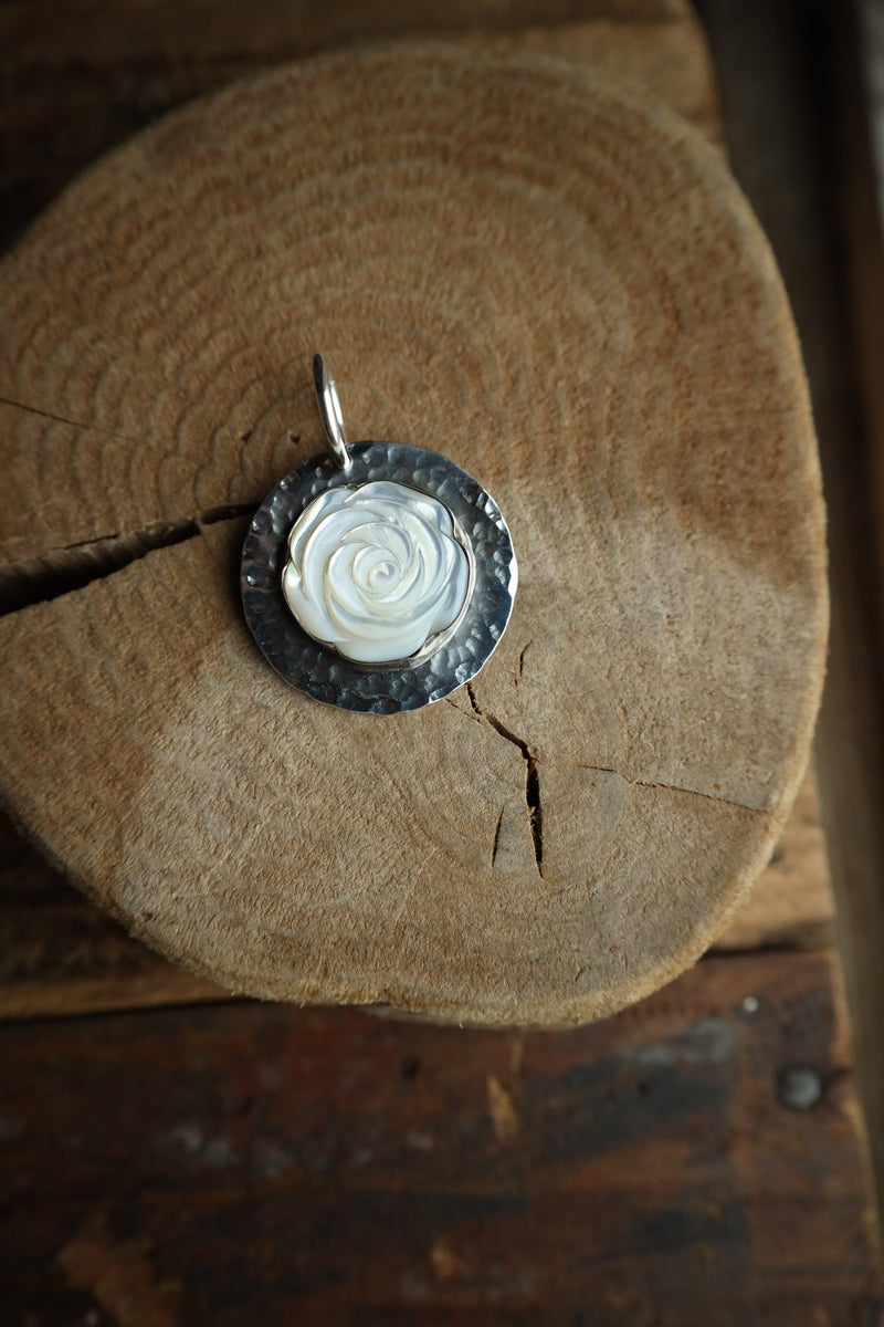Richard Schmidt Mother Of Pearl Rose Hammered Base Pendant