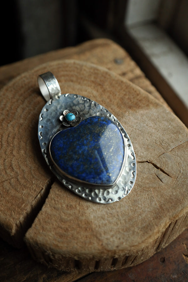 Richard Schmidt Large Lapis Heart Turquoise Round Flower Pendant