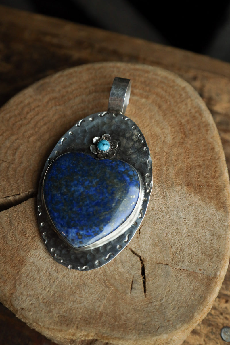 Richard Schmidt Large Lapis Heart Turquoise Round Flower Pendant