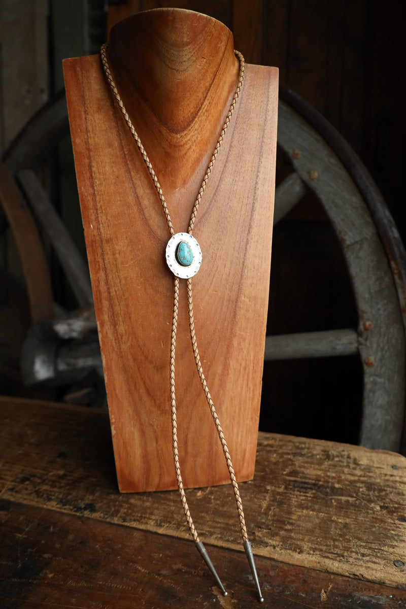 Richard Schmidt Turquoise Pear Sterling Silver Oval Tan Leather Bolo