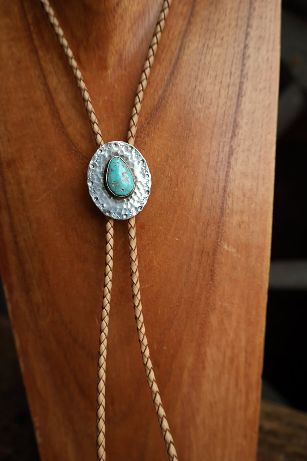 Richard Schmidt Turquoise Pear Sterling Silver Oval Tan Leather Bolo